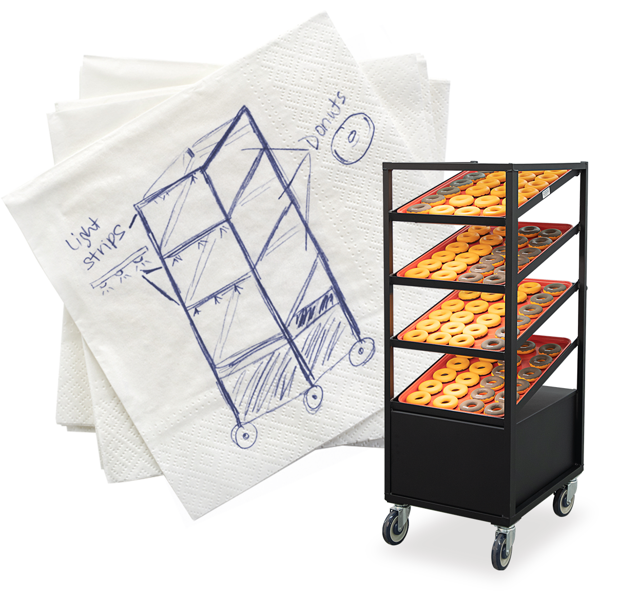 A customer's hand-drawn napkin sketch of a wheeled rack next to the finished black aluminum donut display rack New Age built from it — illustrating how customer ideas become real products.