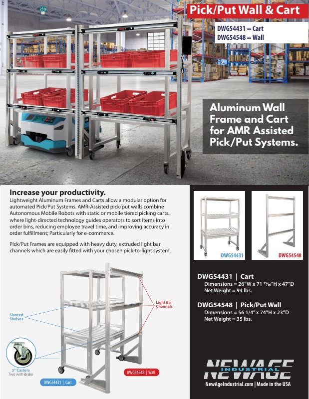 DWG54431 AMR-Compatible Picking Cart & DWG54548 Pick-to-Light Ready Pick, Put & Pack Wall